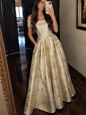Calvin Klein Off-Shoulder Gold Maxi Gown prom wedding